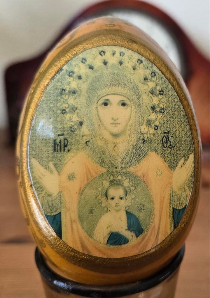 Russisch houten ei met maagd Maria en kindje Jesus, Ophalen of Verzenden