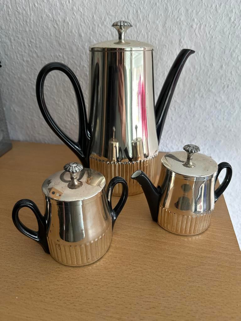 Vintage Koffie- en Theeservies - Zwart en Zilver, Antiek en Kunst, Ophalen of Verzenden