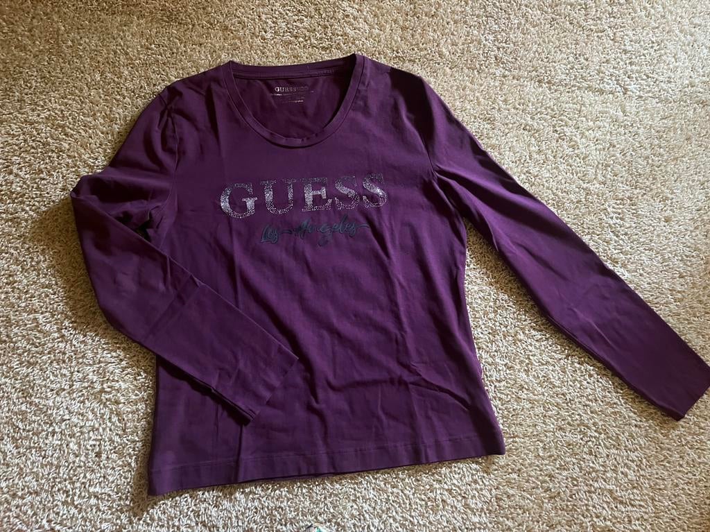 Guess shirt/longsleeve aubergine paars/burgundy strass mt. L, Paars, Maat 42/44 (L), Ophalen of Verzenden, Zo goed als nieuw