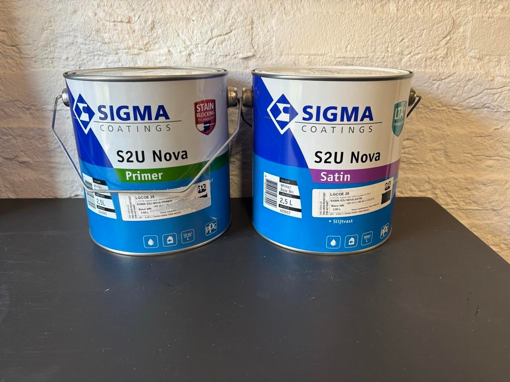 Sigma S2U Nova Primer en Satin verf 2,5L wit, Doe-het-zelf en Verbouw, Verf, Beits en Lak, Wit, Nieuw, Ophalen of Verzenden, Verf