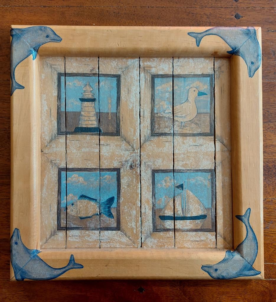 Creatie op hout ...zee items en dolfijnen., Ophalen of Verzenden, Handgemaakt, Hout, Wanddecoratie