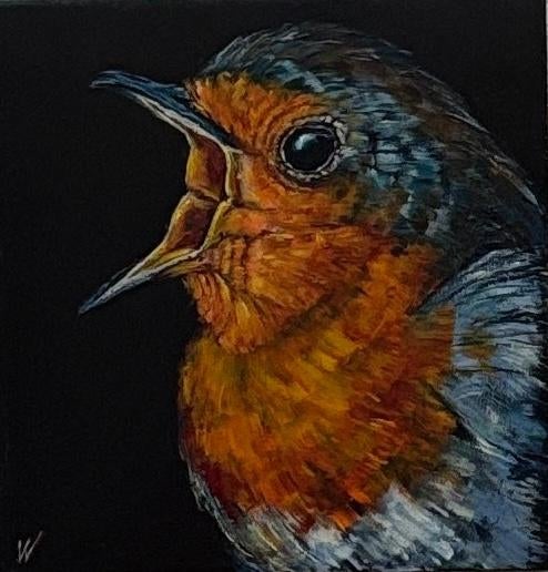 2x schilderij roodborst, Antiek en Kunst, Kunst | Schilderijen | Modern, Ophalen of Verzenden