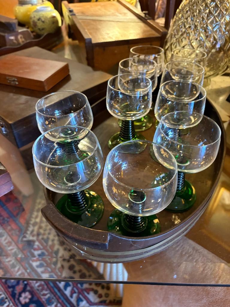 Set van 10 Groene Vintage Ribbelglazen., Ophalen of Verzenden