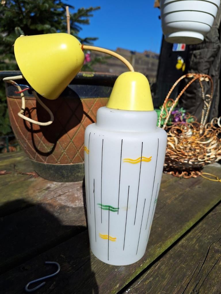 Hanglamp ('50-60 Louis Kalff) met geel en groen patroon, Huis en Inrichting, Lampen | Hanglampen, Ophalen of Verzenden, Kunststof