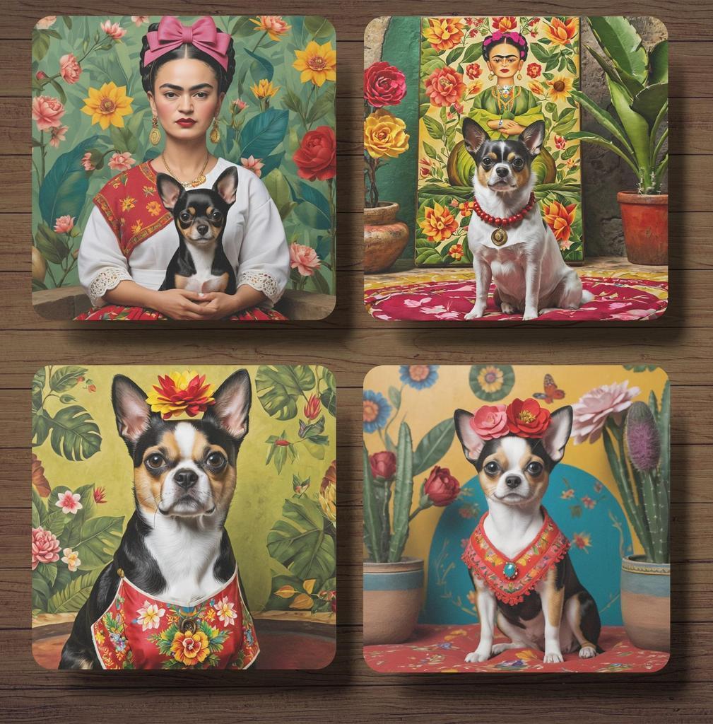 Chihuahua Frida Kahlo onderzetters met houder, Huis en Inrichting, Ophalen of Verzenden, Nieuw, Glas of Kopje