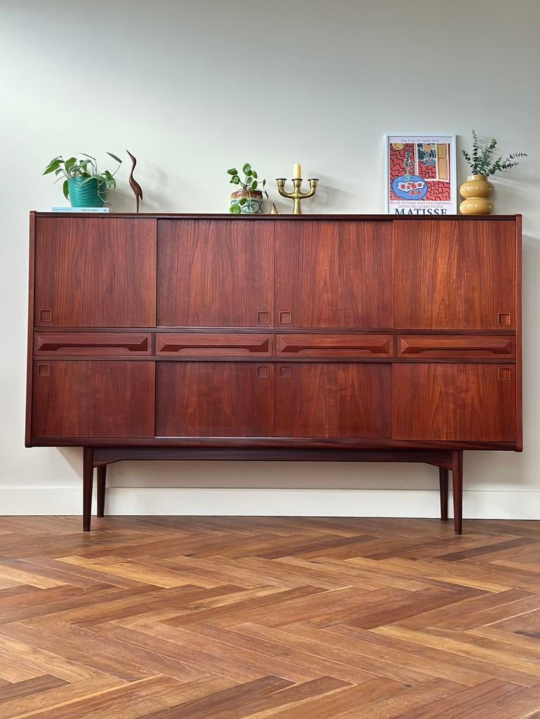 vintage highboard Deens Design teak hout jaren 50/60/70, Ophalen, Gebruikt, Met deur(en), 100 tot 150 cm