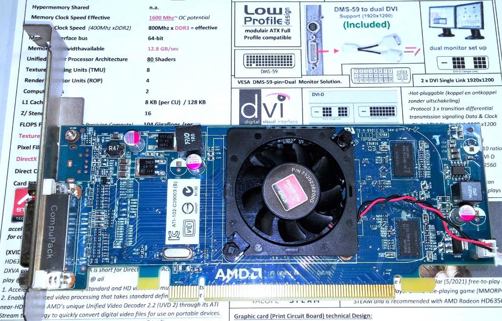 AMD Radeon HD6350 512MB DDR3 PCI-E DMS-59 2 x DVI videokaart, Computers en Software, Videokaarten, GDDR3, Ophalen of Verzenden