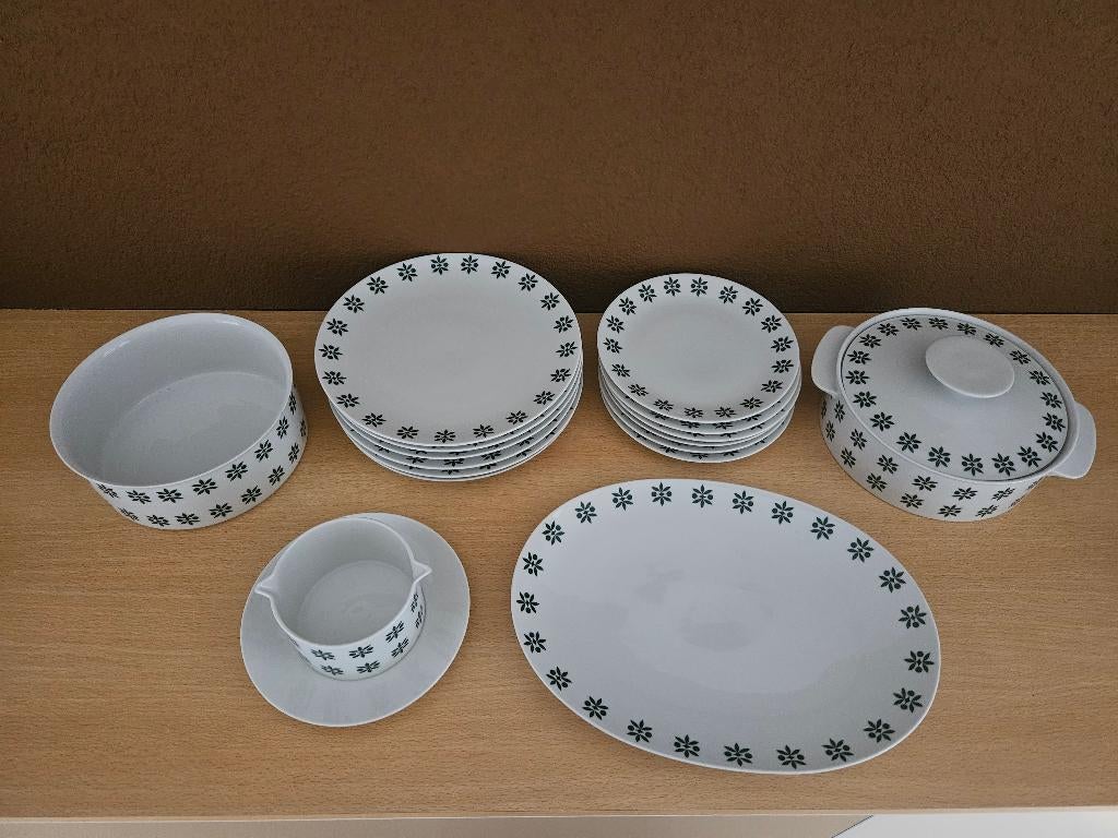 Vintage jaren 60 servies, compleet 17 delig,thomas.wit groen, Ophalen of Verzenden, Zo goed als nieuw, Overige stijlen, Aardewerk