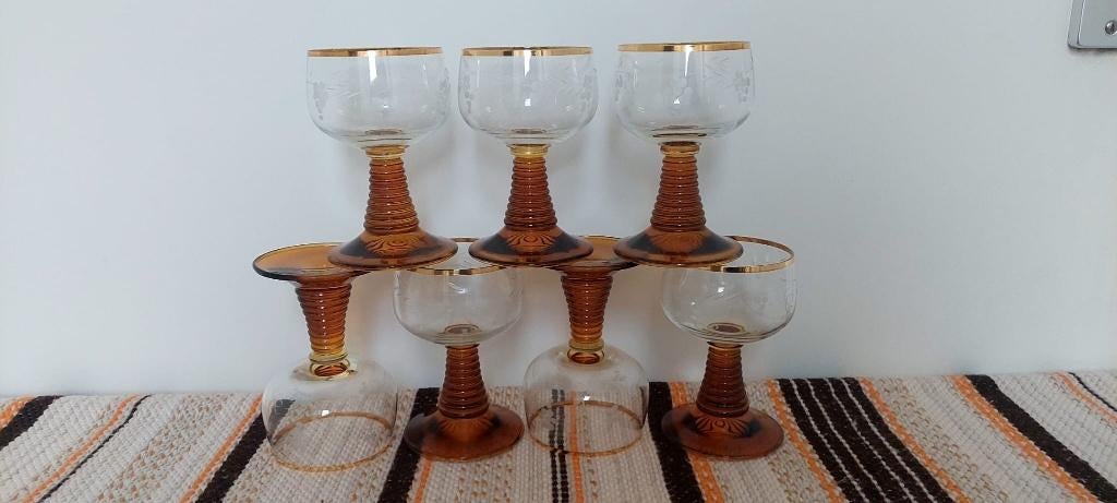 7 vintage amber kleurig Duits Roemer wijn glazen kristal, Eu, Eu, Overige typen, Ophalen of Verzenden