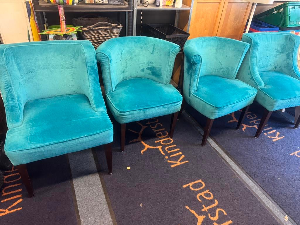 4 hele mooie turquoise  velvet  stoelen, Huis en Inrichting, Stoelen, Ophalen, Gebruikt, Overige kleuren, Pracjtig