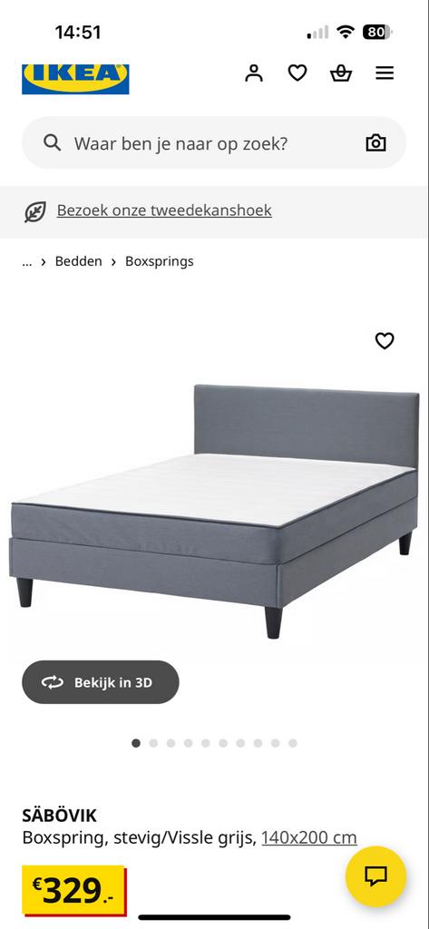 Grijze SÄBÖVIK Boxspring Ikea 140x200 cm, Gebruikt, Tweepersoons, 200 cm, Grijs