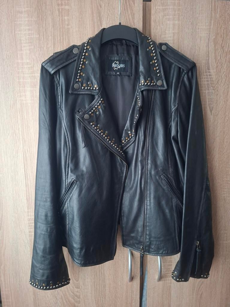 Dekkers leren damesjas met studs - mt 44, Dekkers, Zwart, Maat 42/44 (L), Ophalen of Verzenden