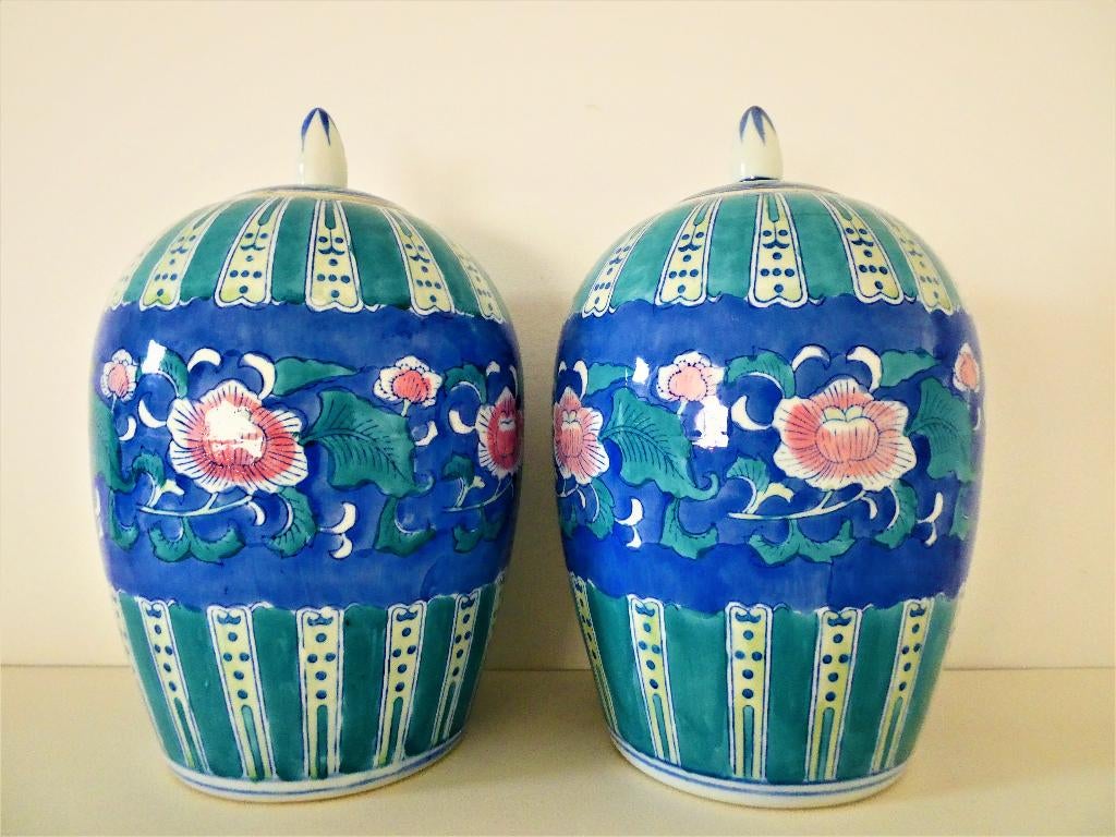 2 Grote Chinese gemberpotten met pioenrozen rozen dekselpot, Ophalen of Verzenden