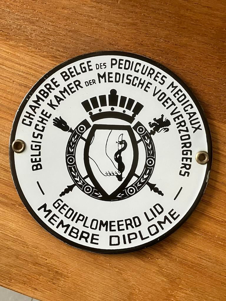 Emaille bord reclamebord pedicure medisch voetverzorger, Ophalen of Verzenden, Gebruikt, Reclamebord