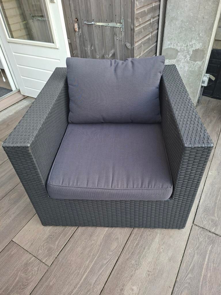 Zwarte Wicker Loungestoel met Grijze Kussens, Tuin en Terras, Ophalen, Gebruikt, Loungeset, Wicker