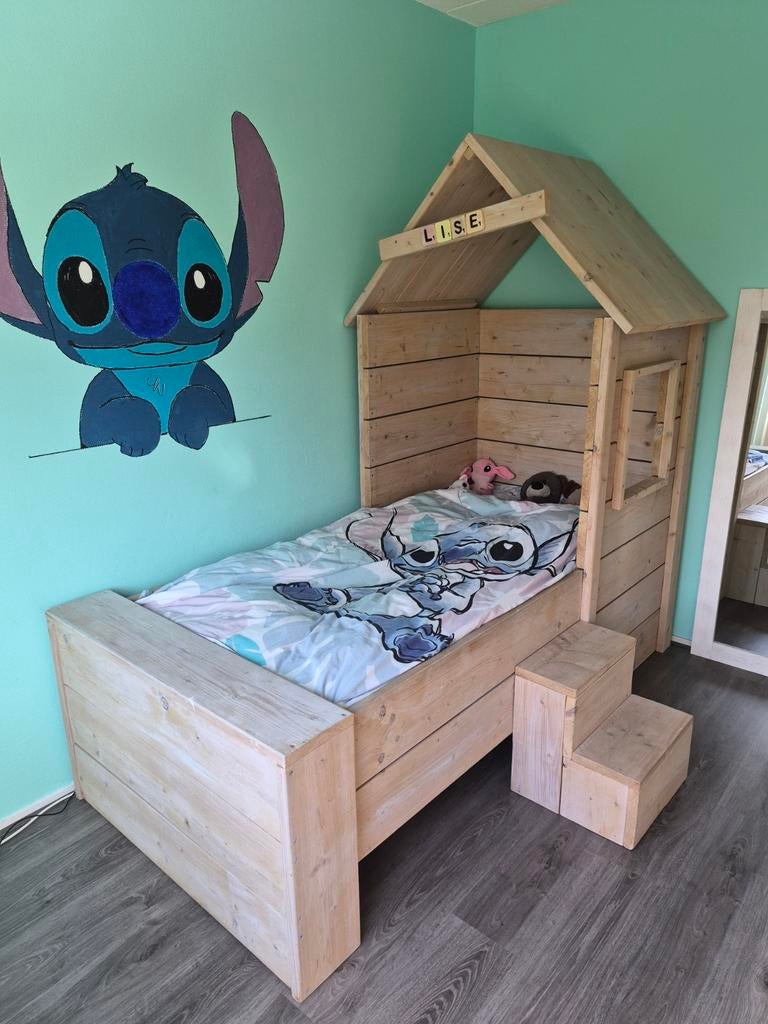 Kinderbed steigerhout met dak en raampje, Ophalen, 180 cm of meer, 85 tot 100 cm, Matras