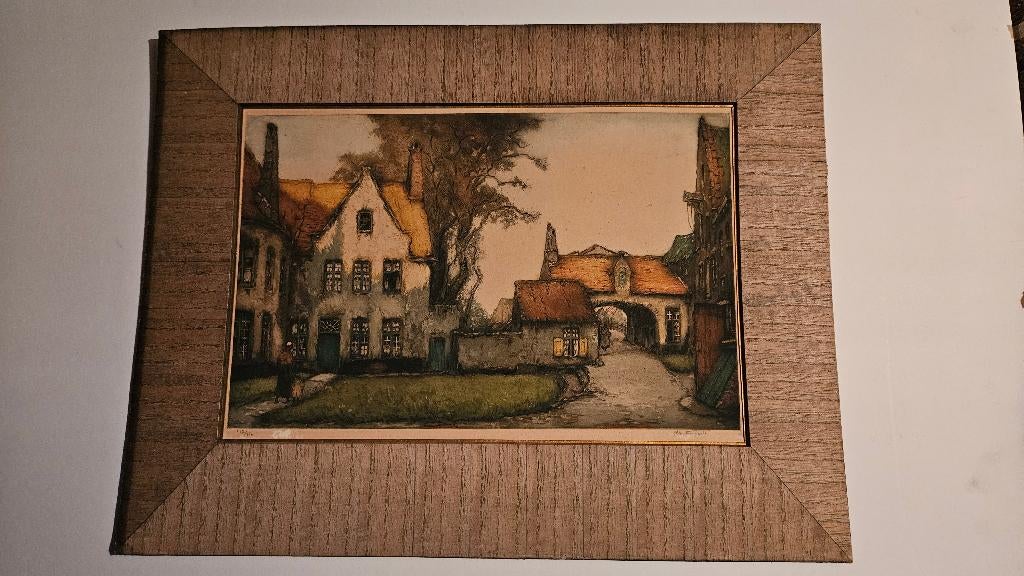 Ets van Begijnhof Brugge van Alfred van Neste, Antiek en Kunst, Kunst | Etsen en Gravures, Ophalen of Verzenden