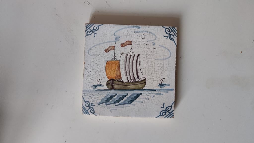 Antiek Delfts blauwe tegel met schip, Antiek en Kunst, Ophalen of Verzenden
