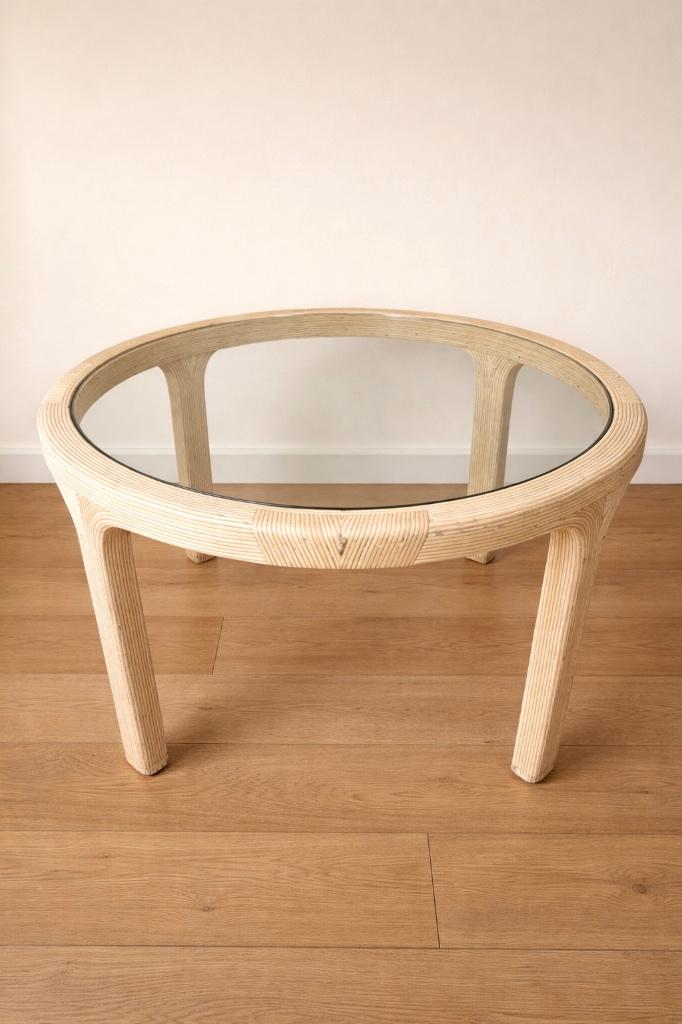 Vintage eettafel met glazen blad, Ophalen, Gebruikt, Glas, Rond