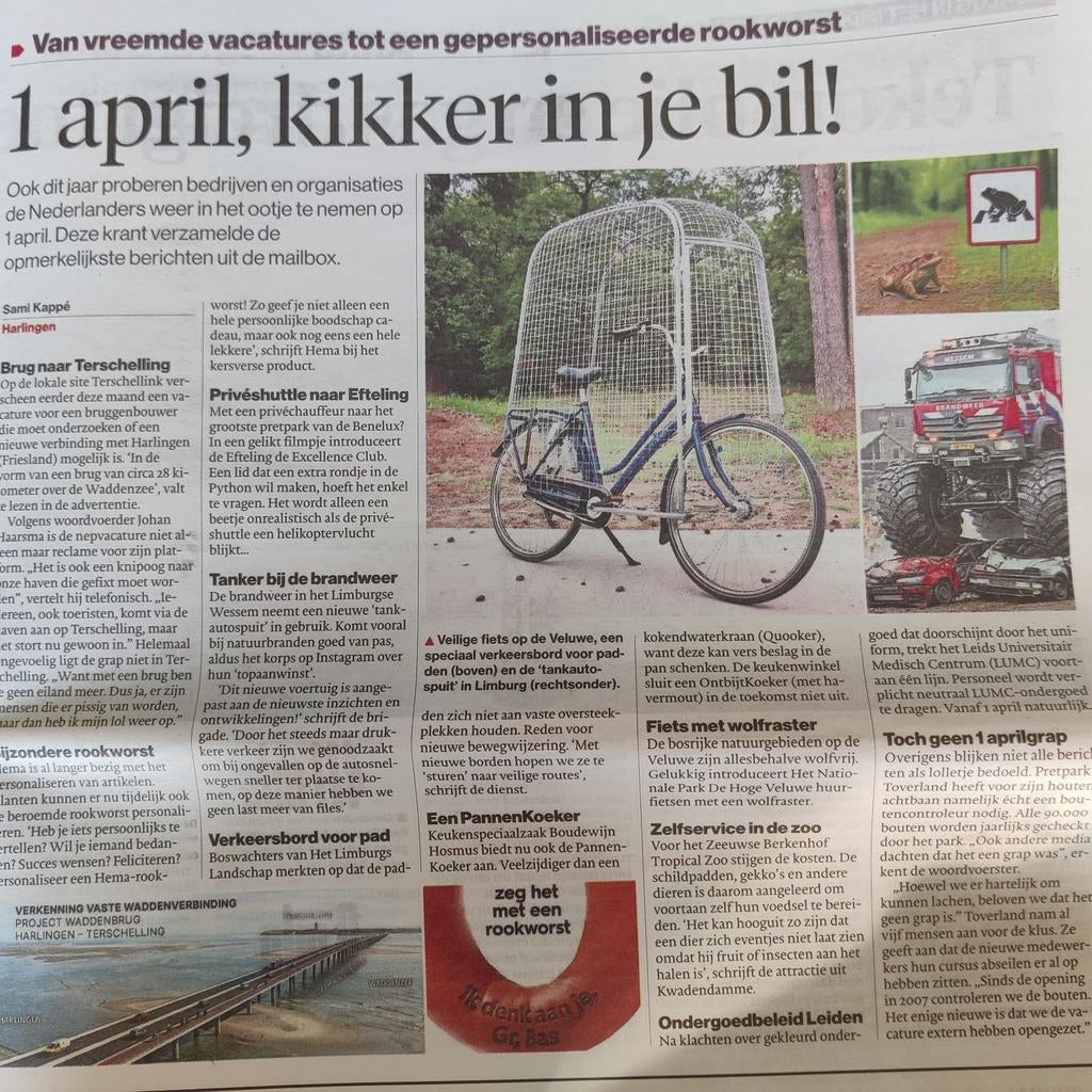 1 April, kikker in je bil met oa Efteling grap. Krantenart., Ophalen of Verzenden, 1980 tot heden, Nederland, Knipsel(s)