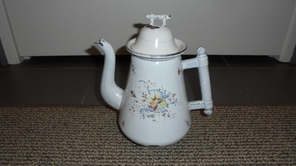 wit gebloemd emaille koffiekan met luciferhandvat H24cm, Antiek en Kunst, Antiek | Emaille, Ophalen of Verzenden