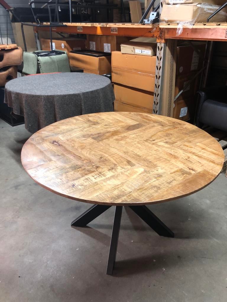 Ronde eettafel MANGO hout met stalen MATRIX onderstel 120cm, Huis en Inrichting, Tafels | Eettafels, Ophalen, ., Rond, Zo goed als nieuw