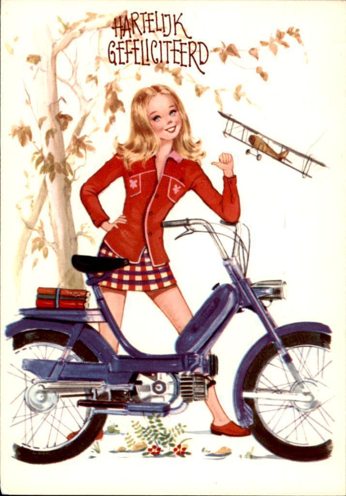 vintage tienerkaart, meisje met brommer, Verzenden, 1960 tot 1980, Gelopen, Overige thema's