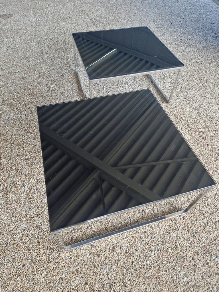 2 Salontafels Zwart Glas & Chroom 60x60 cm, Huis en Inrichting, Tafels | Salontafels, Ophalen, Gebruikt, 50 tot 100 cm, Vierkant