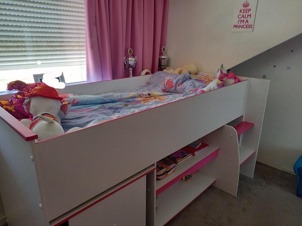Hoogslaper wit/roze met bureau! Meisjesbed/kinderbed 90x200, Ophalen, Gebruikt, Halfhoogslaper