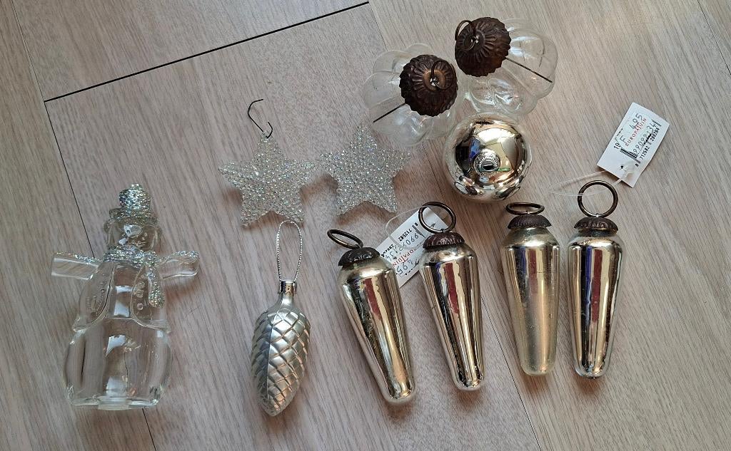Zilveren en glazen kerstboomhangers, Diversen, Kerst, Ophalen of Verzenden, Zo goed als nieuw