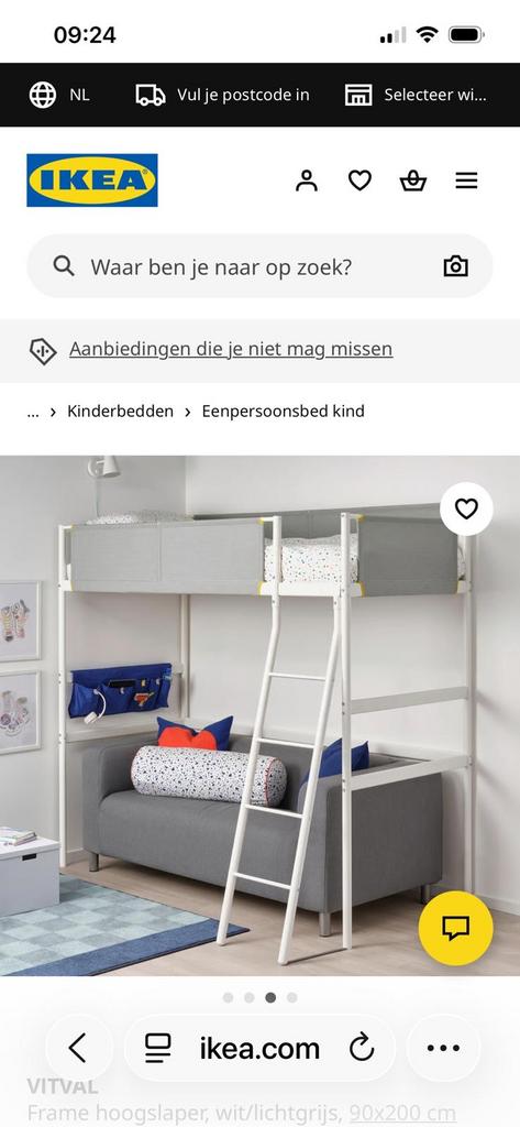 IKEA VITVAL Hoogslaper wit/lichtgrijs 90x200 cm, Kinderen en Baby's, Kinderkamer | Stapelbedden en Hoogslapers, Ophalen, Zo goed als nieuw