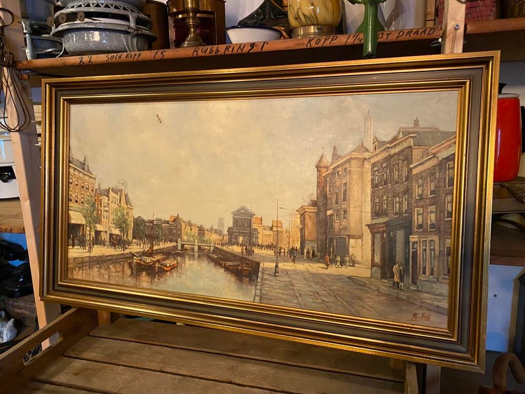 Olieverf schilderij van Delfse poort Rotterdam, Antiek en Kunst, Kunst | Schilderijen | Klassiek, Ophalen of Verzenden