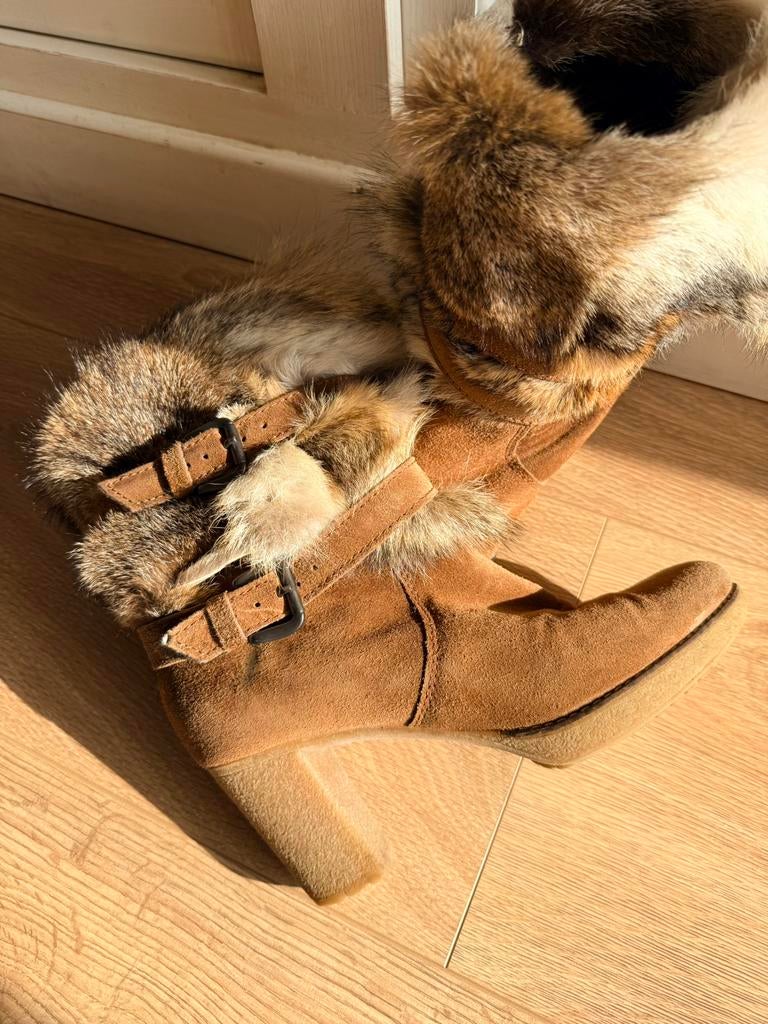 Bruine Manas Design laarzen met bont en hak, maat 39, Ophalen, Hoge laarzen, Bruin, Zo goed als nieuw