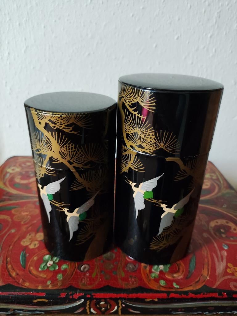 Twee prachtige vintage Japanse theebussen met kraanvogels, Verzenden