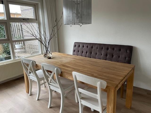 eettafel met stoelen en bankje, Ophalen, Gebruikt, Eikenhout, 50 tot 100 cm