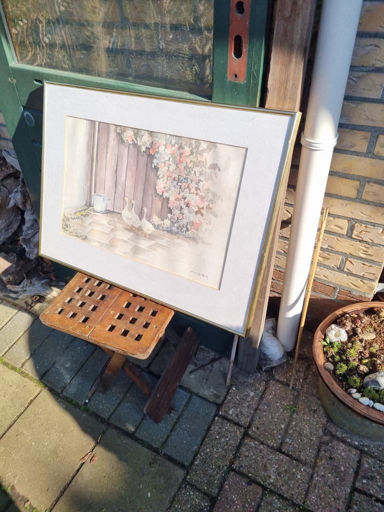 Schilderij met ganzen en bloemen, Ophalen of Verzenden