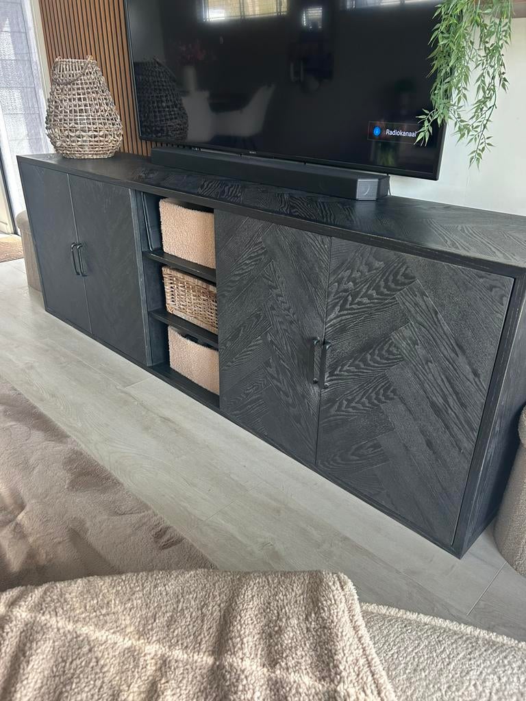 Zwarte visgraat dressoir, Met plank(en), Gebruikt, Ophalen of Verzenden, 200 cm of meer