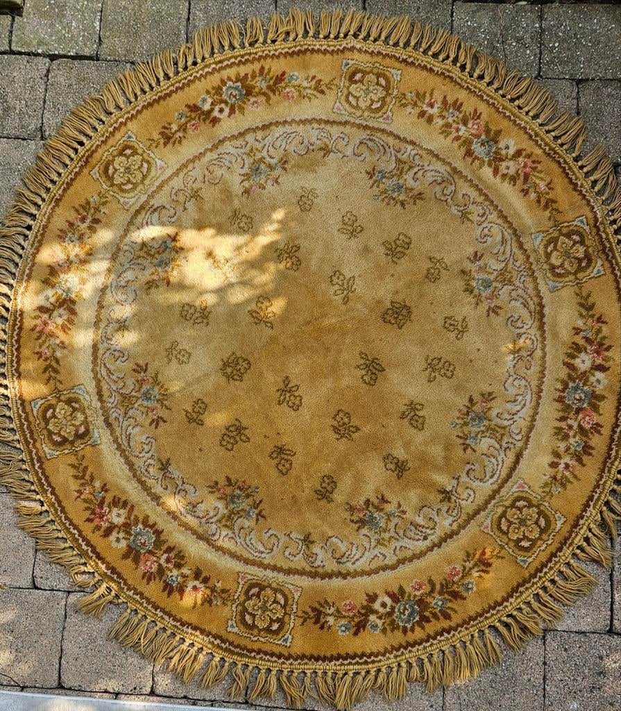 Vintage retro rond  wollen smyrna tafelkleed/ vloerkleed, Ophalen of Verzenden, Groen, Rond, 100 tot 150 cm