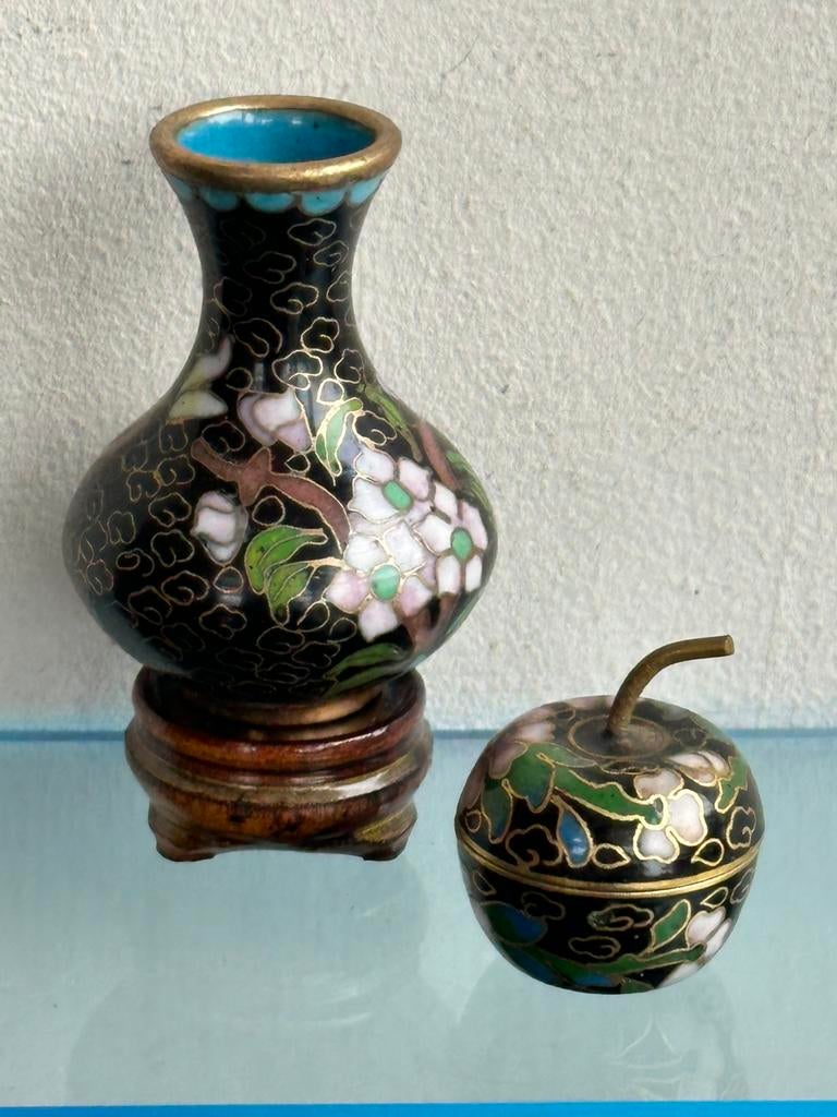 Chinees Miniatuur cloisonne vaasje + deksel schaaltje, Antiek en Kunst, Ophalen of Verzenden