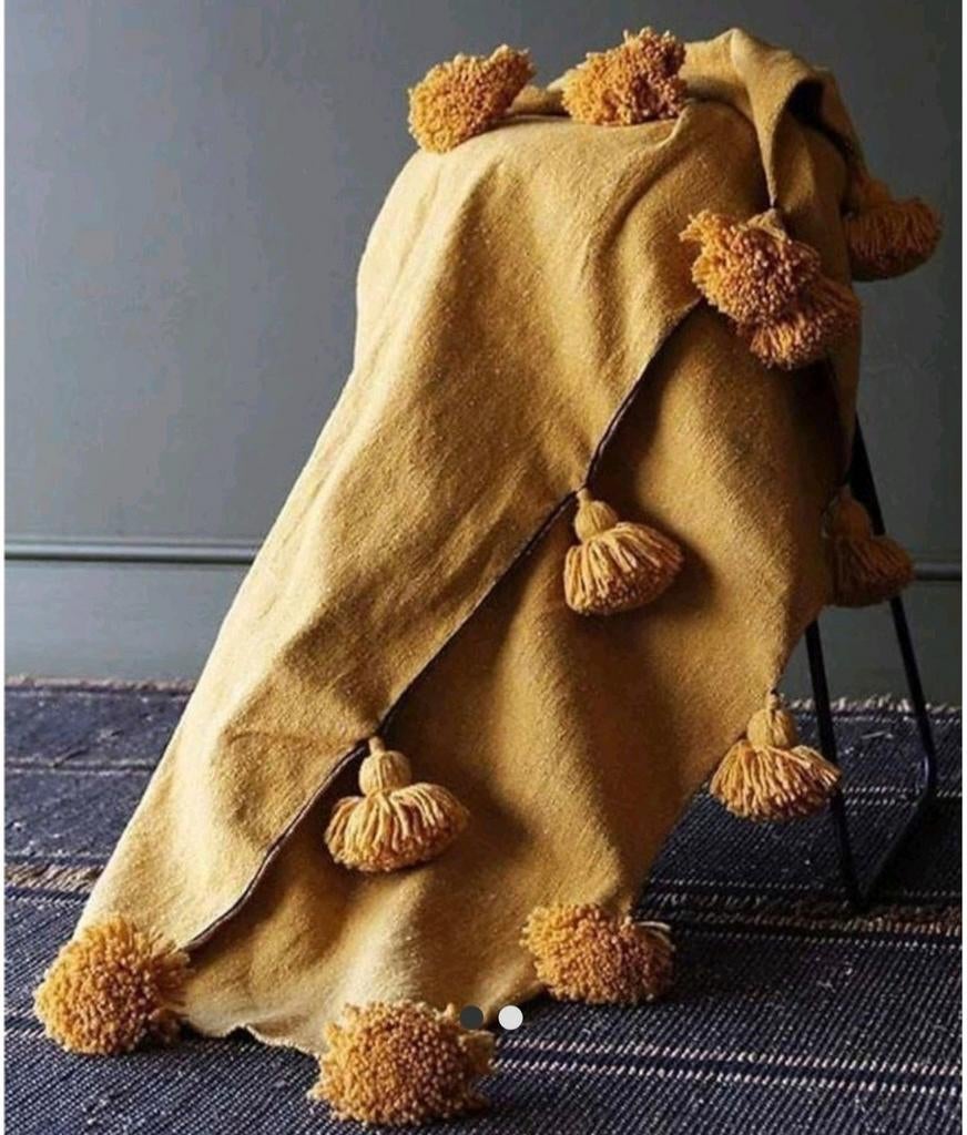 Tweepersoons Mosterd bruin pompom bedsprei, Verzenden, Nieuw, Tweepersoons