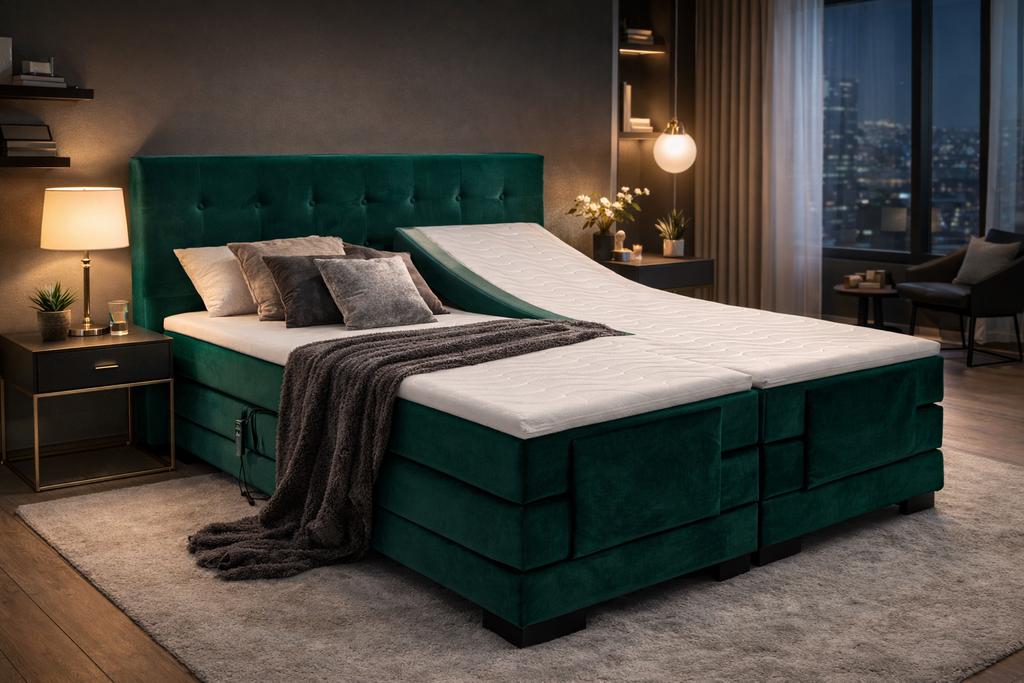 Luxe Forest Green Boxspring 160x200 - Showroommodel, Ophalen, Verstelbaar, Tweepersoons, Zo goed als nieuw