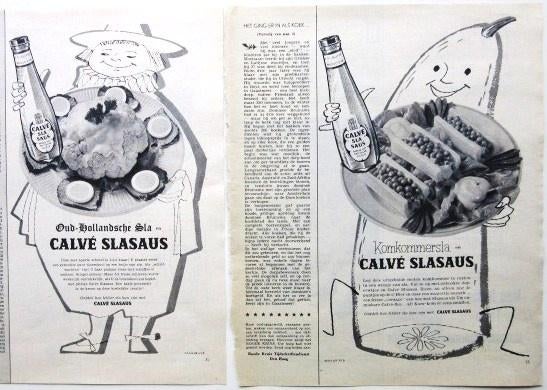 5 vintage advertenties reclames Calve slasaus 1957-59 Calvé, Ophalen of Verzenden, Gebruikt, Overige typen