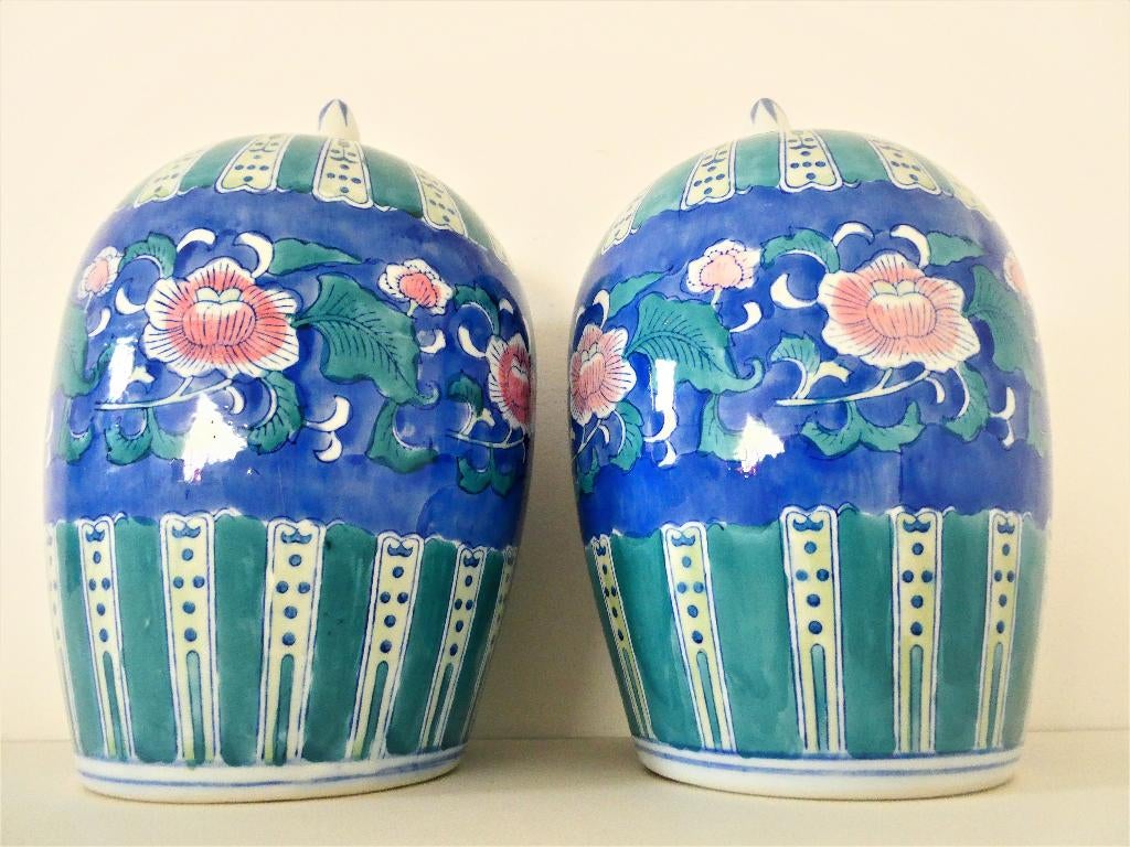 2 Grote Chinese gemberpotten met pioenrozen rozen dekselpot, Ophalen of Verzenden