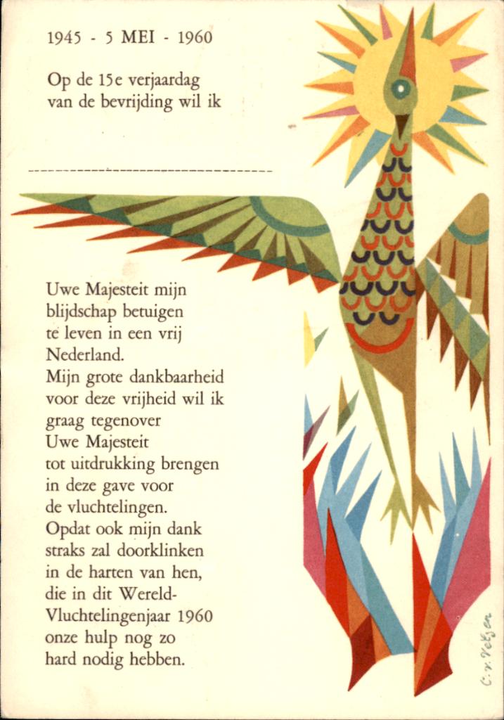 Bevrijdingskaart 1945 -  5 mei - 1960, Verzamelen, Ansichtkaarten | Themakaarten, Verzenden, 1940 tot 1960, Gelopen, Overige thema's