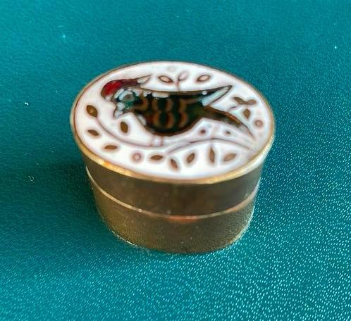 Vintage pillendoosje-messing/emaille jaren ‘60, Ophalen of Verzenden, Gebruikt