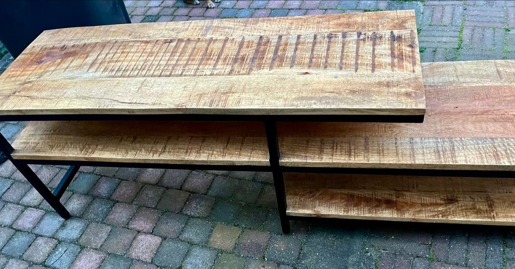 Tv kast industrieel, zwart / mangohout, Ophalen, 150 tot 200 cm, Zo goed als nieuw, Minder dan 100 cm