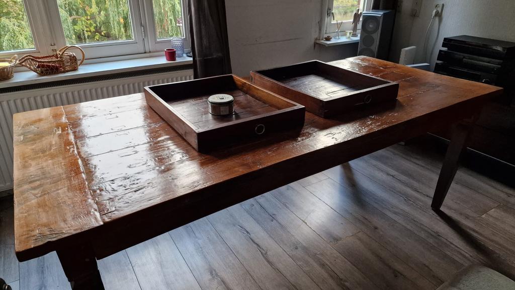 Massief hangemaakte Eiken eettafel, Huis en Inrichting, Tafels | Eettafels, Ophalen, Gebruikt, Eikenhout, 200 cm of meer