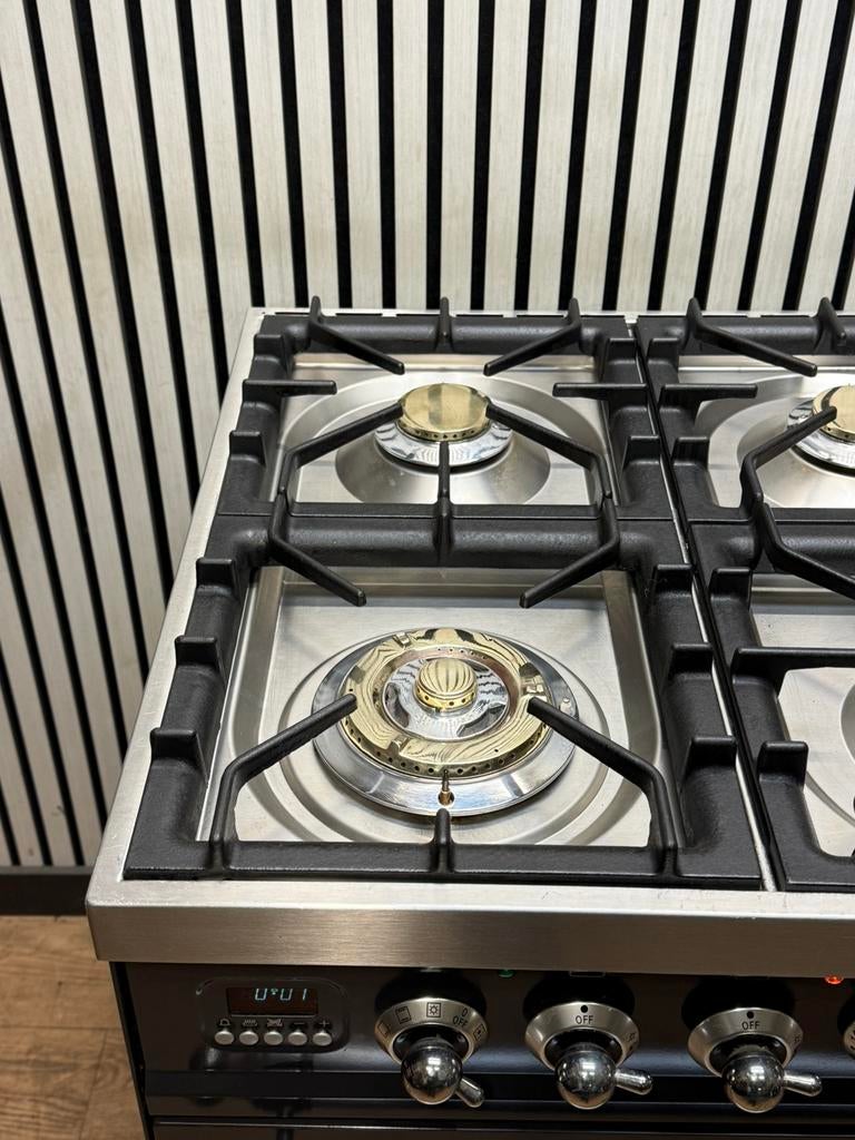 Luxe Boretti Fornuis 6 pits antraciet dubbele oven 90 cm, Fornello Esperta, Ophalen of Verzenden, Zo goed als nieuw, Energieklasse A of zuiniger