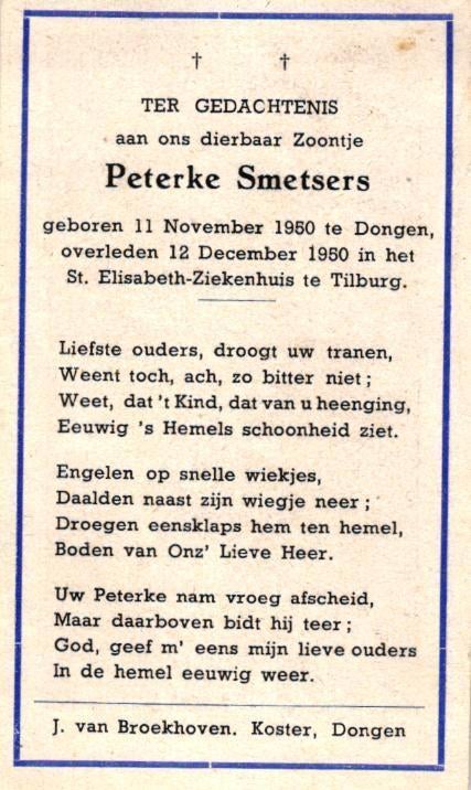 Smetsers Peterke 1950 Dongen/Tilburg, Ophalen of Verzenden