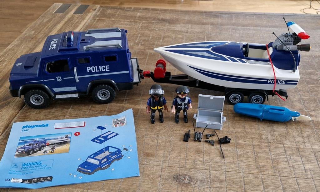 Playmobile politieauto met boot, 5187, Kinderen en Baby's, Speelgoed | Playmobil, Ophalen of Verzenden, Zo goed als nieuw